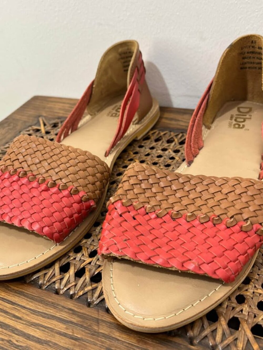 Size 8.5 Woven Leather Artisanal Red and Cognac Heritage Huarache Diba Sandals